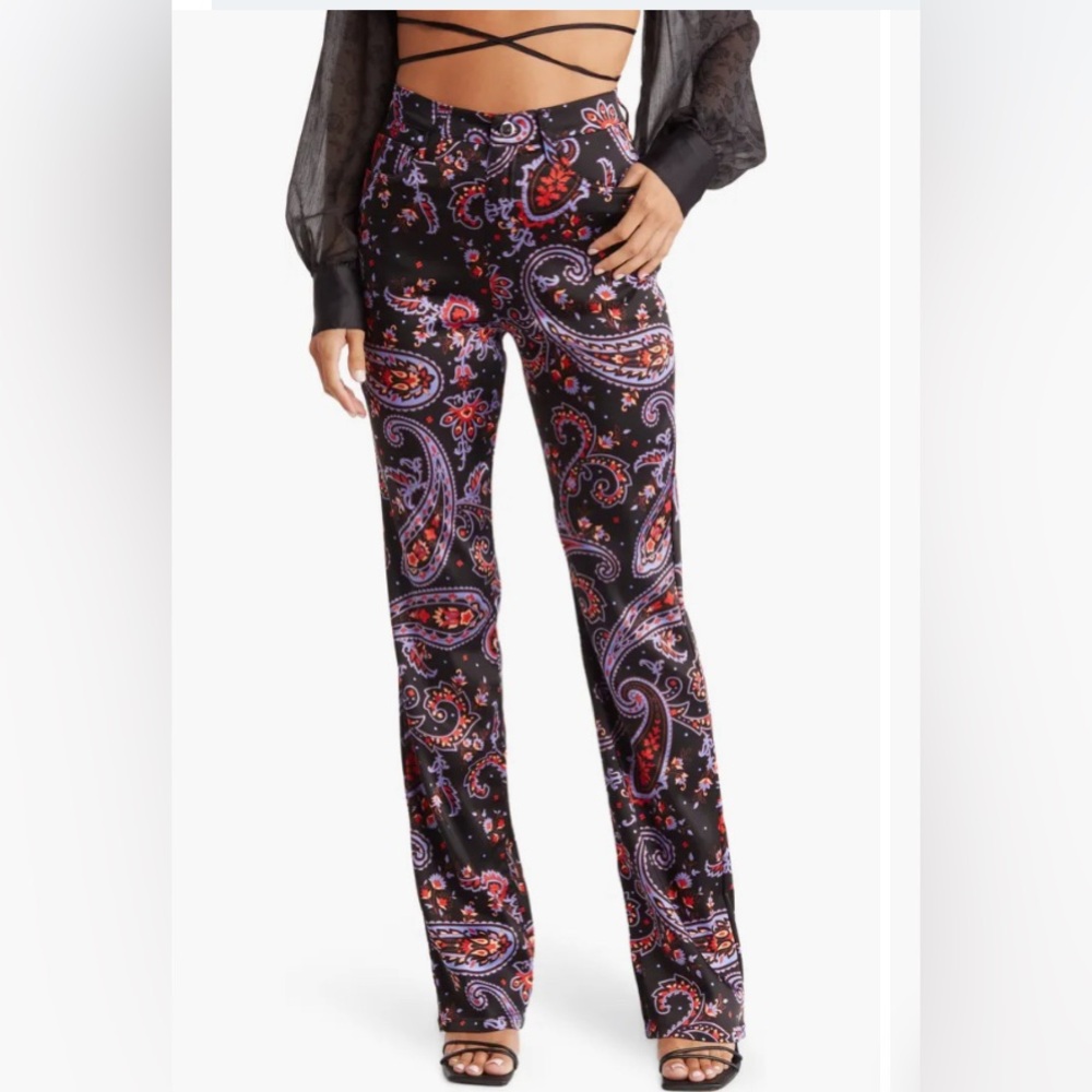 NWT Danielle Bernstein Flare Paisley Print Pants In Black Multi Size 29